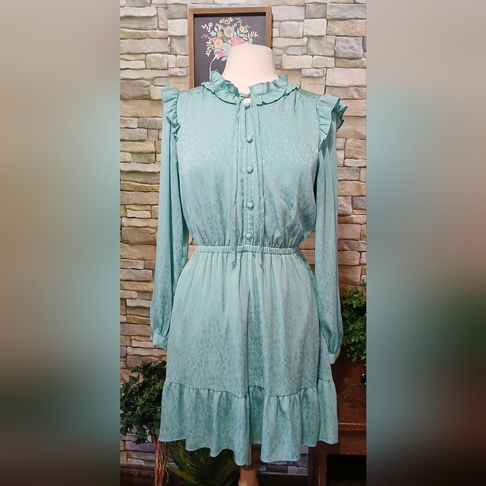 Womens Medium Sage Pistachio Green Edwardian High Collar Ruffle Dress Whimsigoth